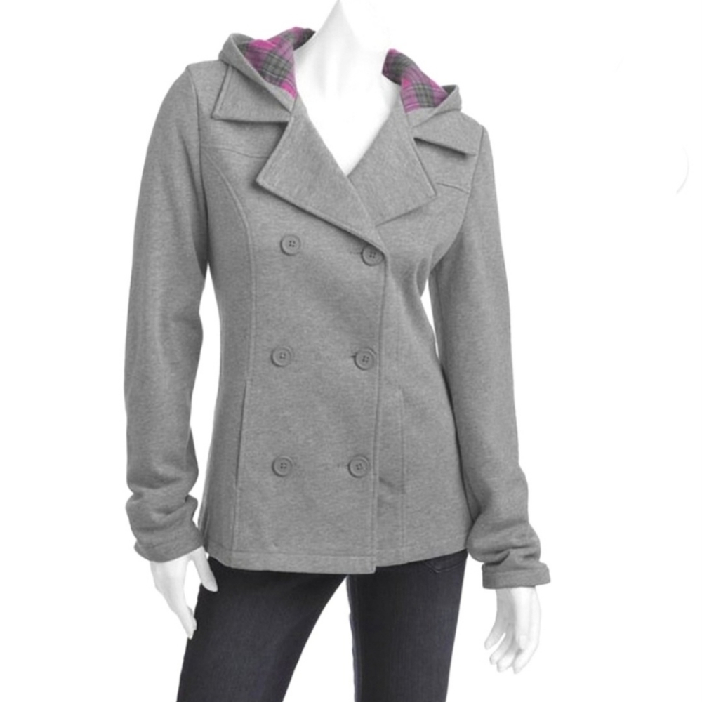 Vintage OP - Women's Double Breasted Peacoat with Plaid Flannel Hood